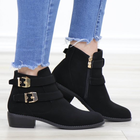 Shoes - Black Velvet Ankle Boots Gold Buckles Booties